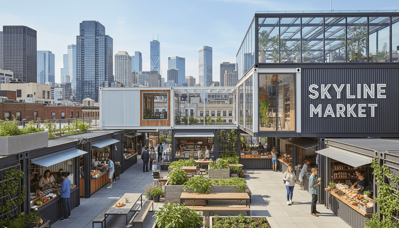Contemporary modular container market in New York City with open-air design and modern architecture