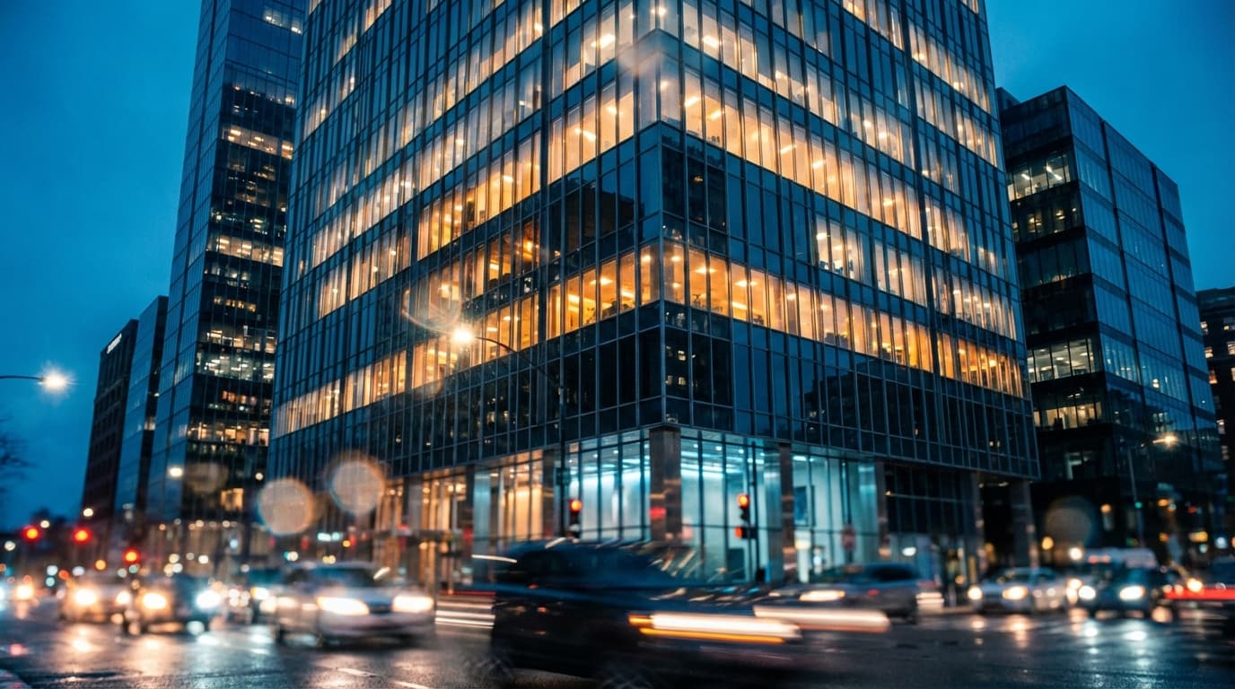 Modern container market structure with warm lighting overlooking New York City skyline