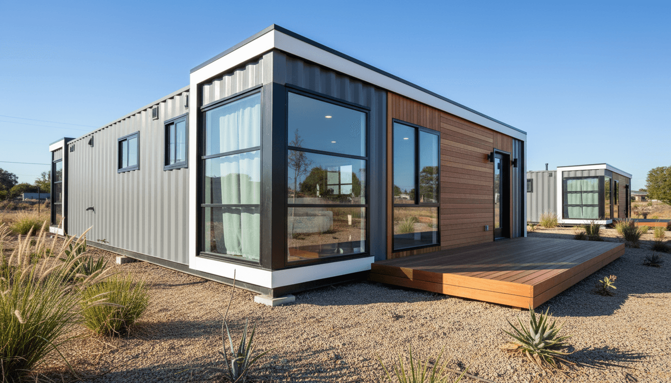 High-end modular container market with contemporary design and industrial aesthetic