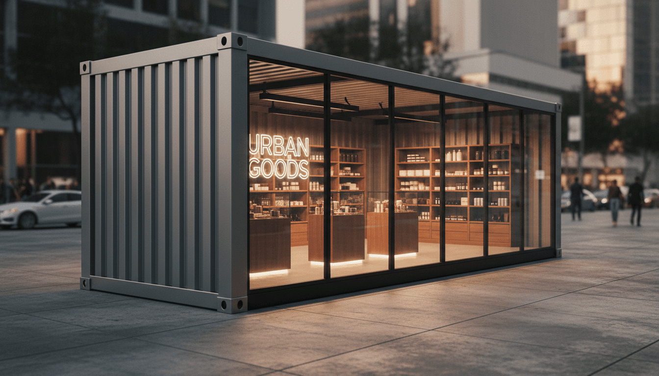 High-end modular container market with sleek design and vendor spaces