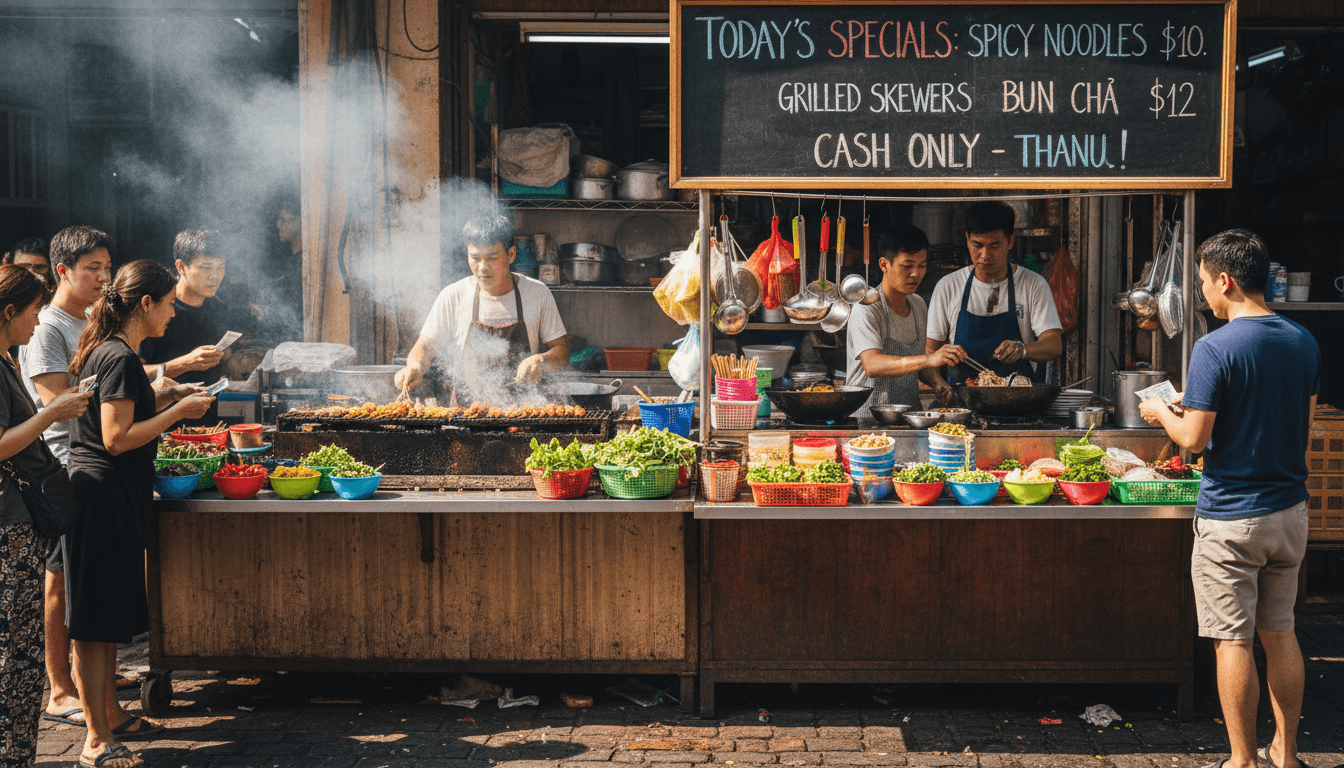 Active outdoor market with multiple food vendors and customers