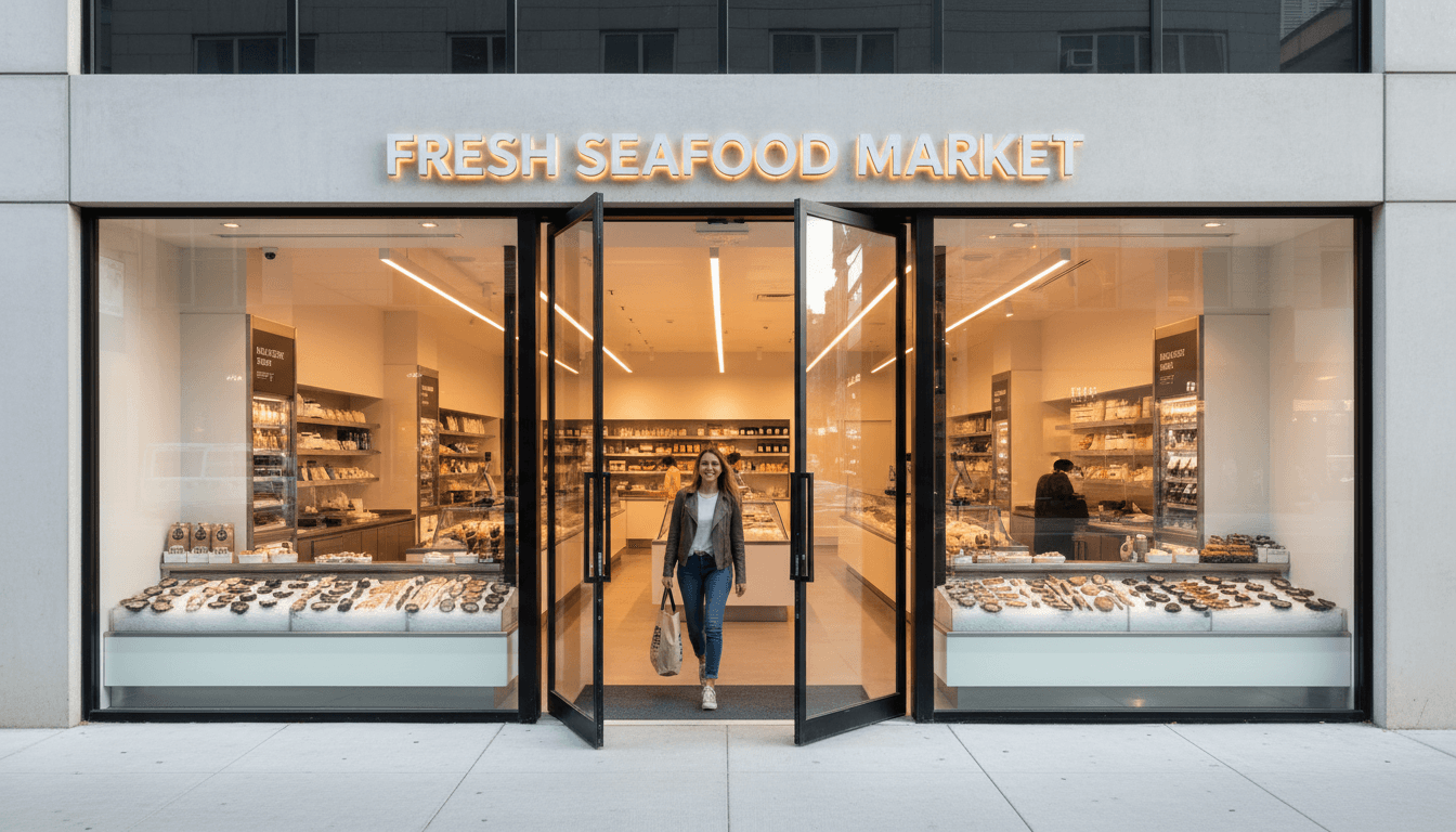 Container market street-level entrance with outdoor seating and foot traffic