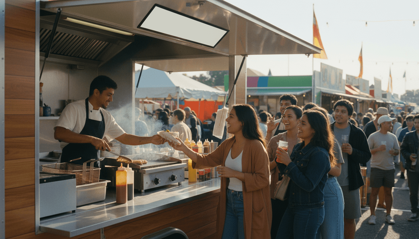 Multiple vendor stalls inside container market showing operational setup