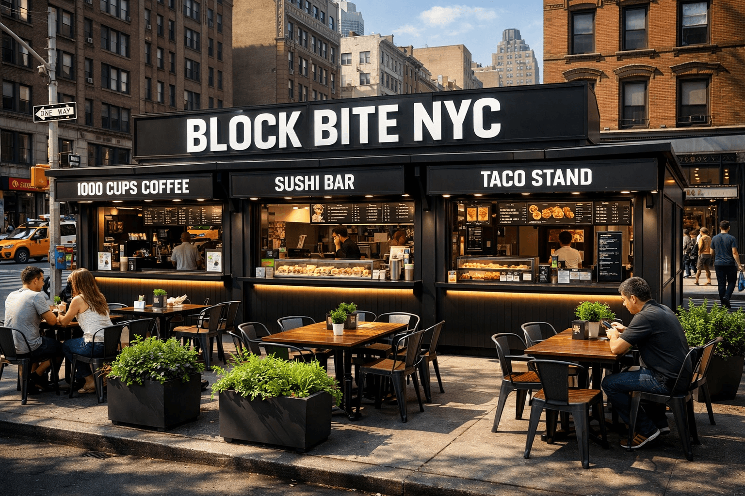 Black food stall BLOCK BITE NYC with outdoor seating, offering coffee, sushi, and tacos.