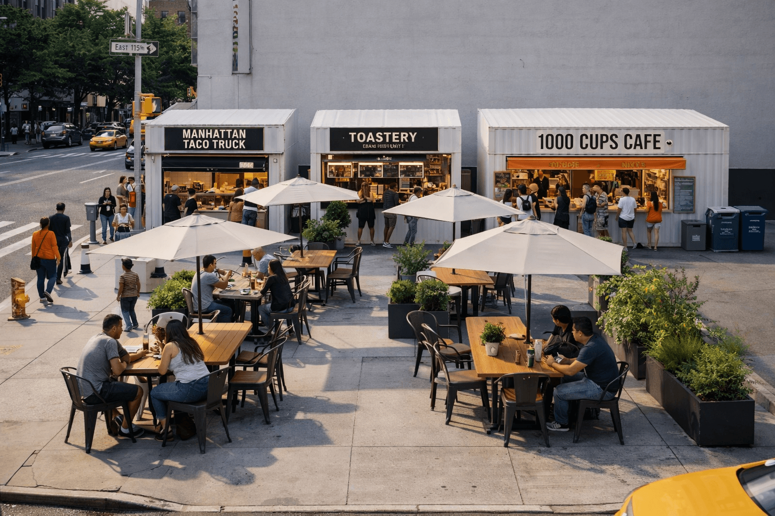 People dine at outdoor tables with umbrellas in front of three white food stalls.