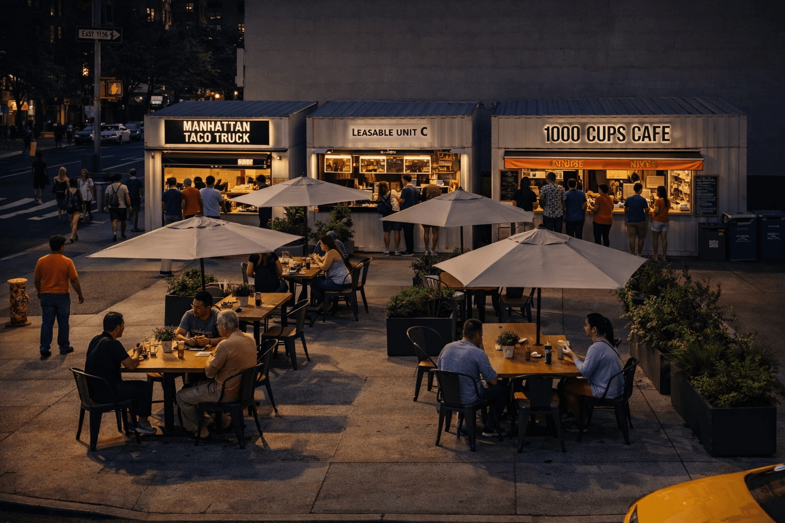 People dining at outdoor tables under umbrellas near shipping container food stalls at night.