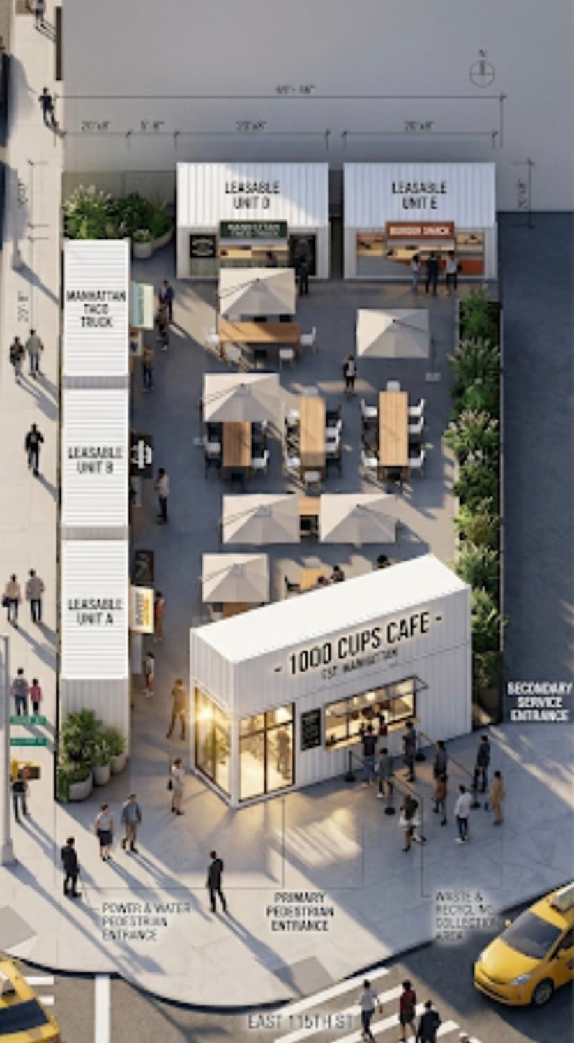 Aerial architectural rendering of a shipping container food court with outdoor seating and pedestrians.