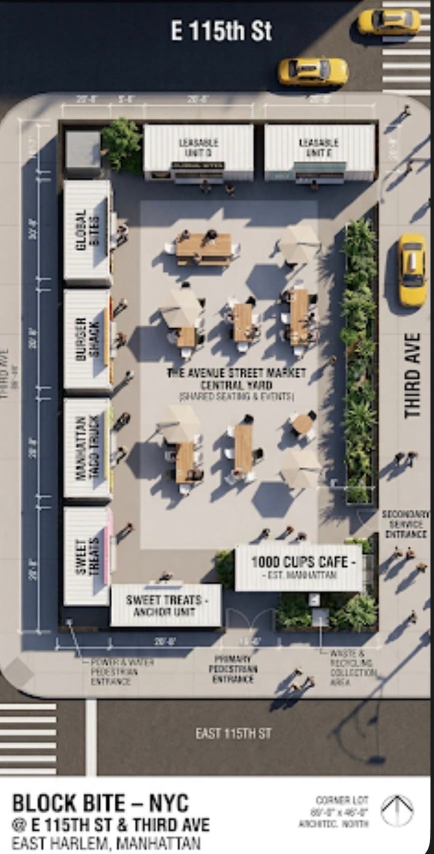 Site plan of Block Bite NYC, an outdoor market with container stalls and central seating.