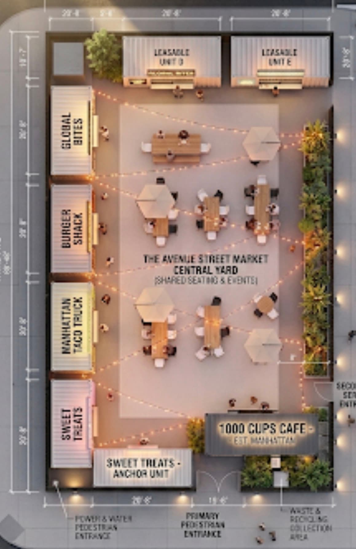 Architectural rendering of an outdoor market with shipping container food stalls and central seating.